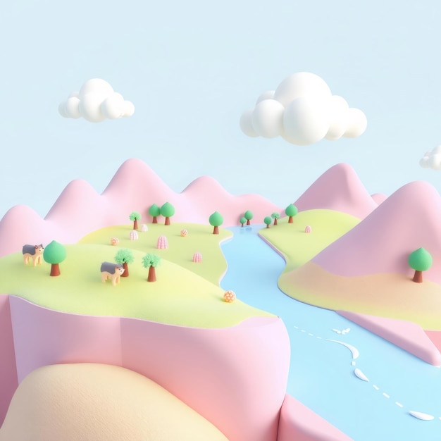 Photo cute 3d cartoon landscape with mountains river trees and sky