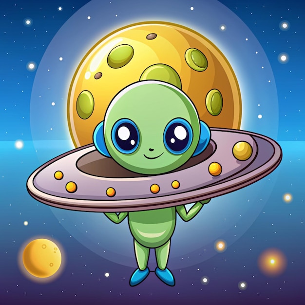 Cute Alien Holding Moon On Ufo Cartoon Vector Icon Illustration Science Technology Icon Concept Isolated Premium Vector