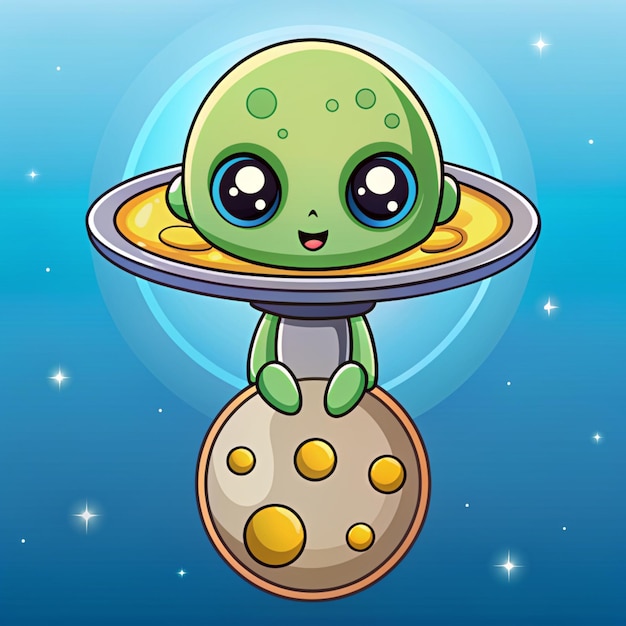 Cute Alien Holding Moon On Ufo Cartoon Vector Icon Illustration Science Technology Icon Concept Isolated Premium Vector