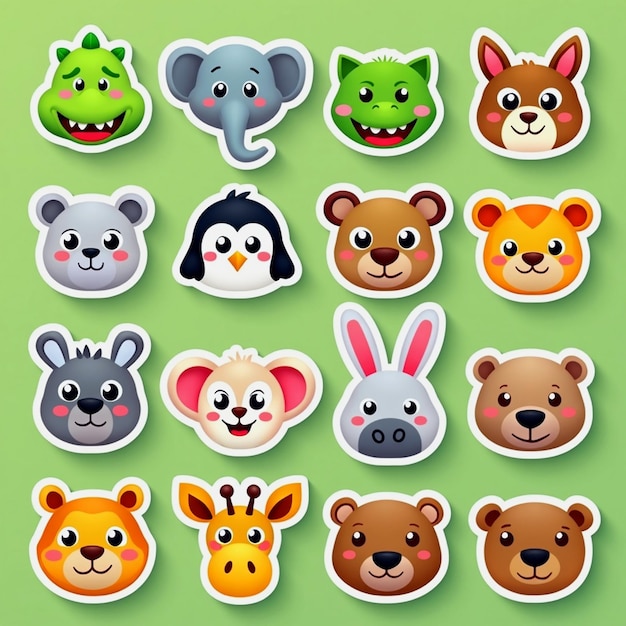 Photo cute animal stickers set colorful cartoon illustrations of animals for kids