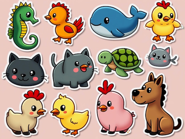 Photo cute animal stickers set colorful cartoon illustrations of animals for kids