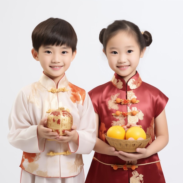 Cute asian boy and girl in chinese new year costume and holding red envelopes