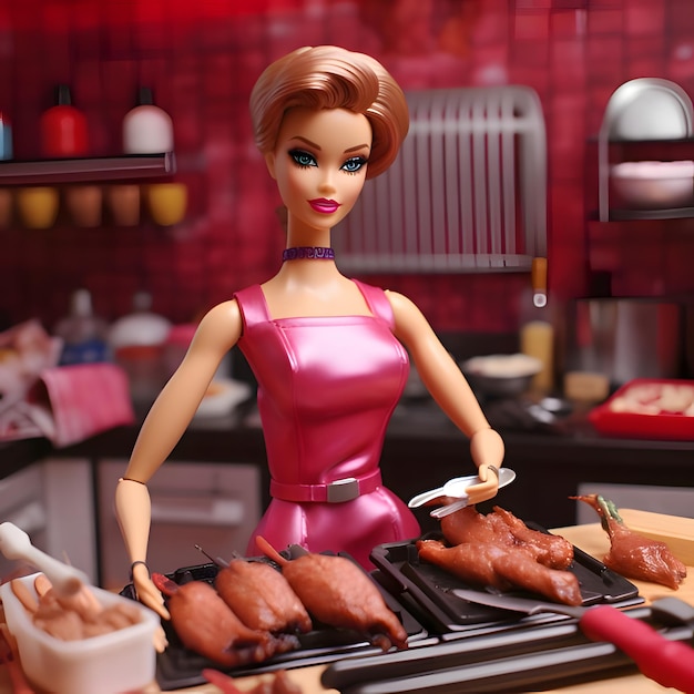 Cute blonde Barbie wearing a pink clothing in front of the food table against blurred background Side view