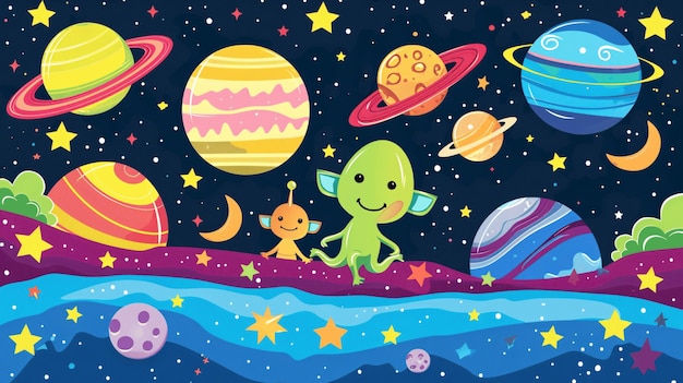 Photo cute cartoon aliens and planets in outer space