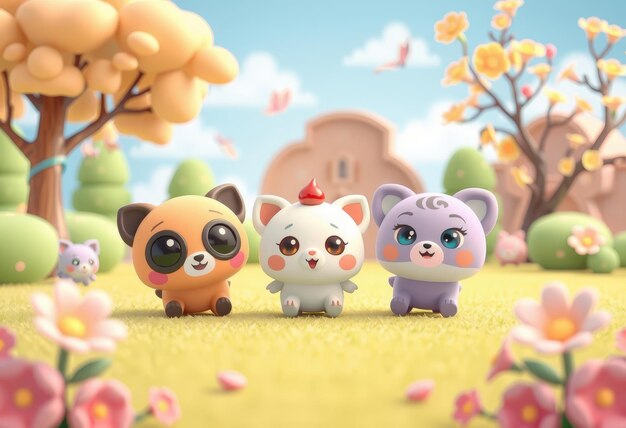 Photo cute cartoon animals in a spring meadow