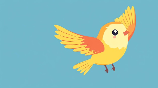 Photo cute cartoon bird with orange and yellow wings in flight against a blue background