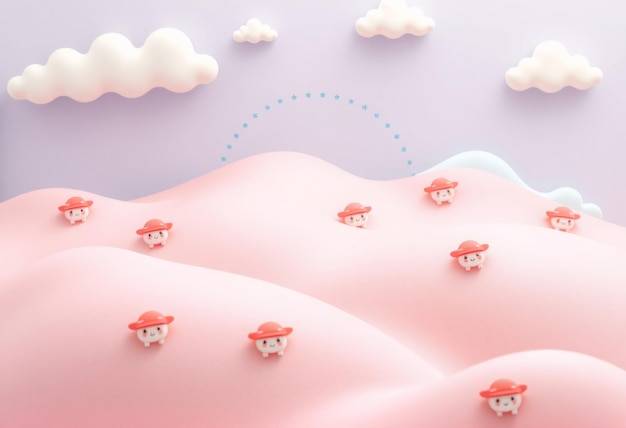 Photo cute cartoon characters with red hats on a pink and purple background with white clouds