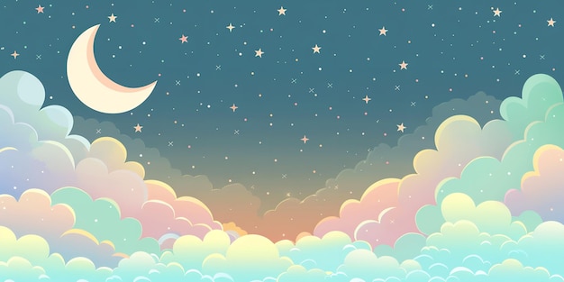 A cute cartoon illustration of blue sky with clouds stars and moon with a big space on it for text or product advertisement backdrop or printing purpose Generative AI