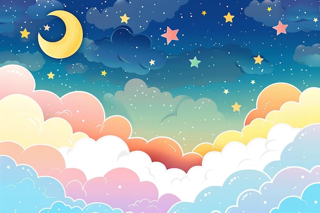 A cute cartoon illustration of blue sky with clouds stars and moon with a big space on it for text or product advertisement backdrop or printing purpose Generative AI