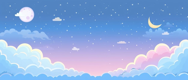 A cute cartoon illustration of blue sky with clouds stars and moon with a big space on it for text or product advertisement backdrop or printing purpose Generative AI