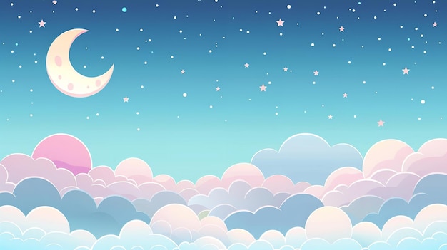 Photo a cute cartoon illustration of blue sky with clouds stars and moon with a big space on it for text or product advertisement backdrop or printing purpose generative ai