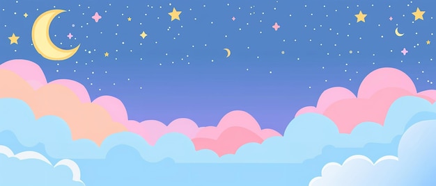 Photo a cute cartoon illustration of blue sky with clouds stars and moon with a big space on it for text or product advertisement backdrop or printing purpose generative ai