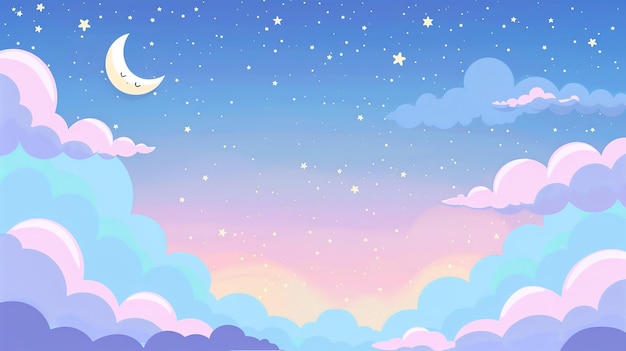 Photo a cute cartoon illustration of blue sky with clouds stars and moon with a big space on it for text or product advertisement backdrop or printing purpose generative ai