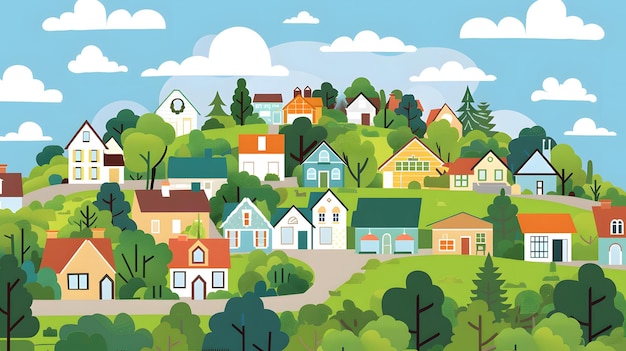 Photo cute cartoon illustration of a small town with houses and trees