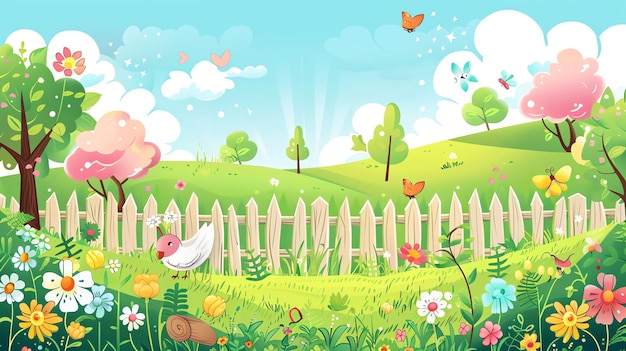 Photo cute cartoon illustration of a whimsical garden with a picket fence flowers trees and birds