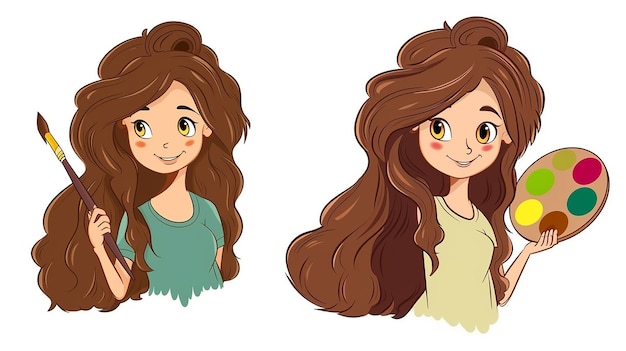 Photo cute cartoon long haired girl holding the palette