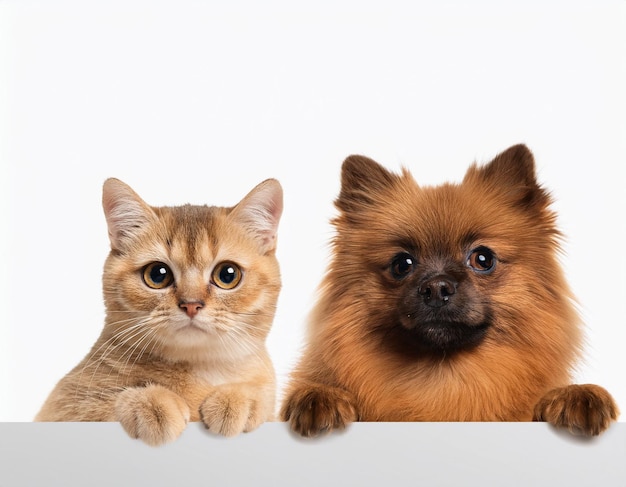 Photo cute cat and dog against white background banner design with copy space