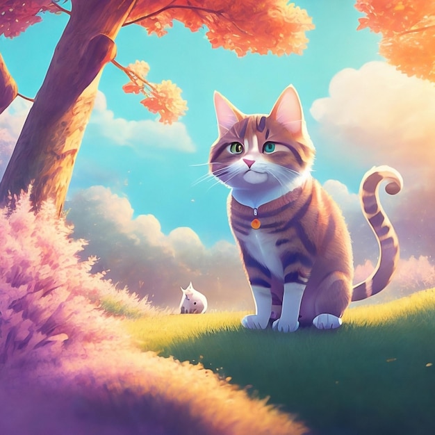 cute cat illustration with forest background