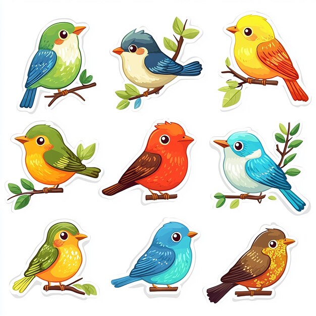 Photo cute colorful bird sticker pack