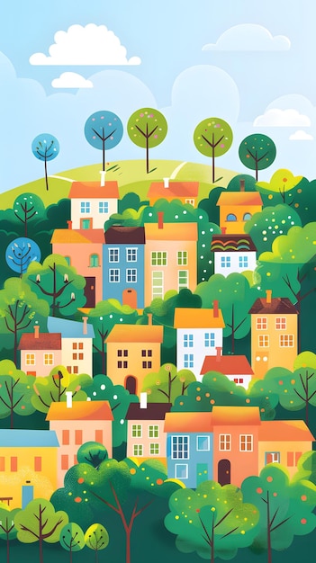 Photo cute colorful illustration of small town with houses and trees