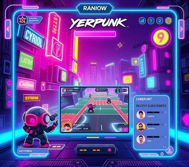 Photo cute cyberpunk layout for a cyberpunk gamer featuring neon colors cute cybernetic characters futuri