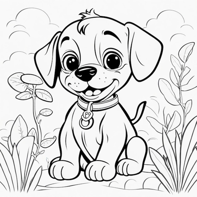 Cute Dog Coloring Page in Retro Cartoon Style with Forest Background