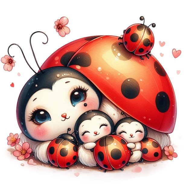 The cute family of ladybugs with the babies hugging their mother of illustration