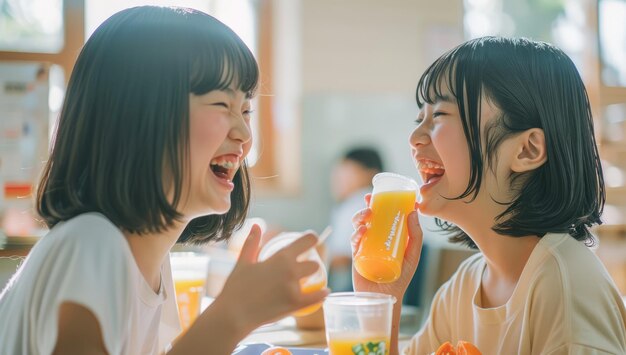 Foto ragazze giapponesi carine che pranzano nella mensa della scuola ridendo e sorridendo tra loro indossando magliette bianche con capelli neri corti