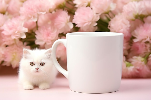 Photo cute kitten mockup with mug and rose on pink background coffee cup or mug for template design ai