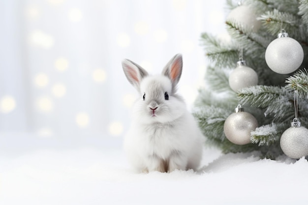 cute new year bunny next to Christmas tree