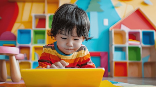 Cute Toddler Using Tablet Computer In Colorful Playroom