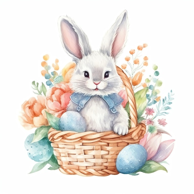 cute vintage easter bunny with basket eggs and flowers hyper detail white background