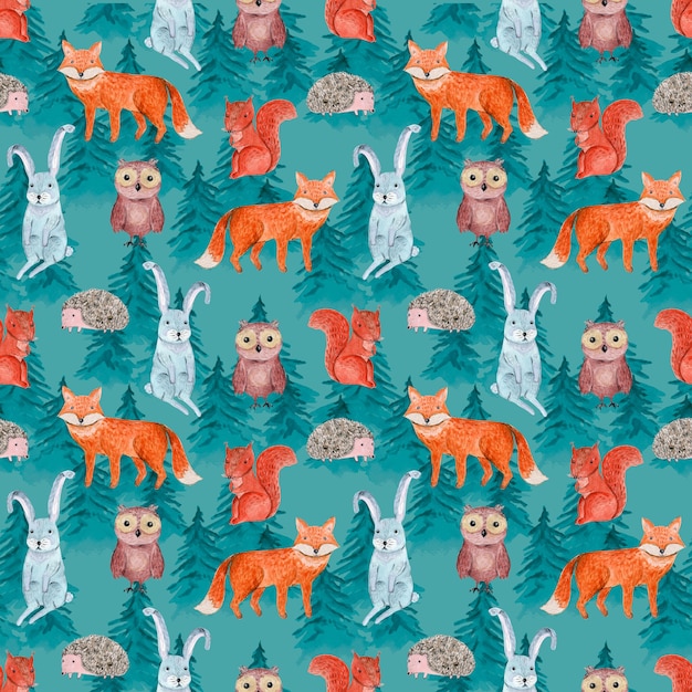 Photo cute watercolor seamless pattern with cheerful animals in blue coniferous forest for kids surface design