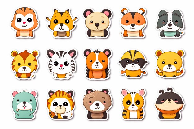 Photo cute wild animals sticker set illustration in cartoon style