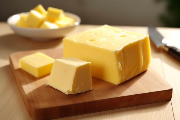 Photo a cutting board with cheese and a bowl of cheese on it