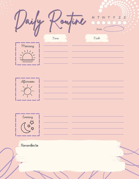 Foto dagelijkse routine planner drukbare sjabloon digitale lege pagina