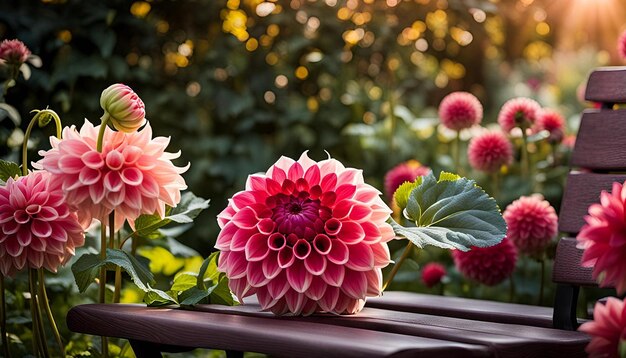 Photo dahlia and garden bench