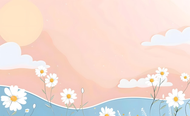 Photo daisies are on a pink background with clouds and sun in the sky