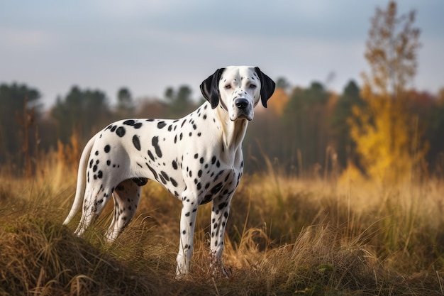 Dalmatian dog standing in the autumn field Selective focus AI Generated