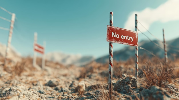 Photo danger zone no entry signs mark a restricted area in a rugged landscape under clear skies