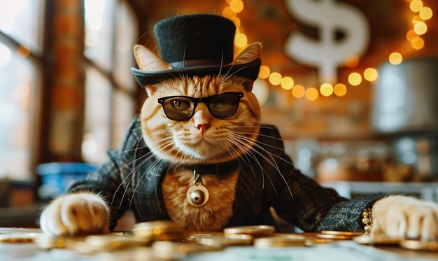 A Dapper Cat with a Top Hat and Sunglasses Counts His Fortune