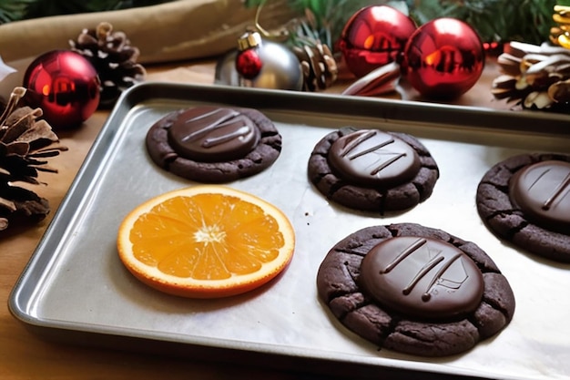 Dark chocolate and orange cookies on a baking tray beside Christmas decorations