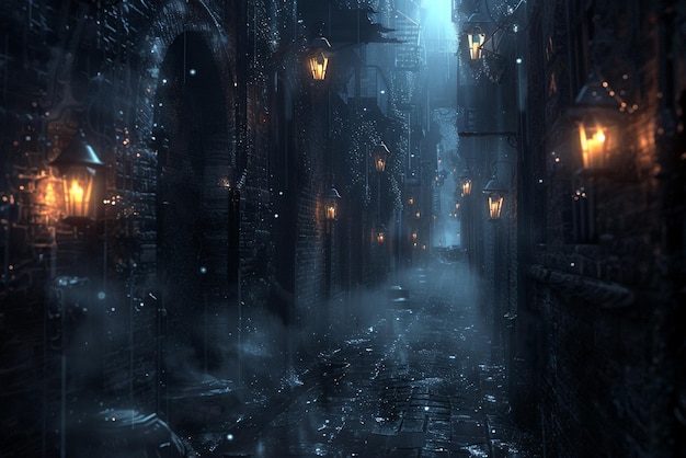 Photo dark creepy alley with flickering lanterns and mist