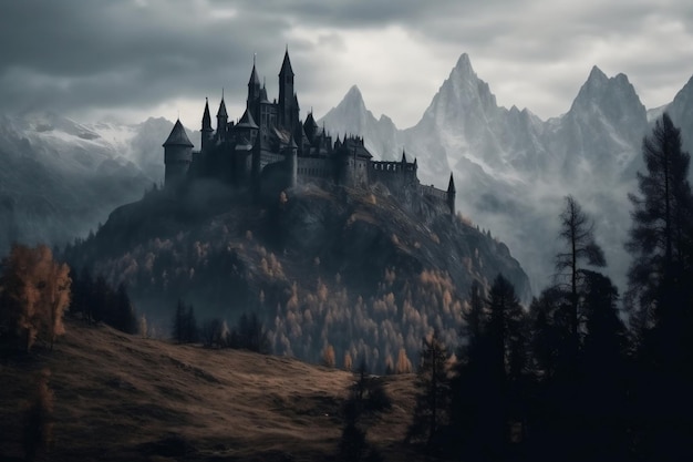 Dark gothic castle in valley and rocky mountains on background generative ai