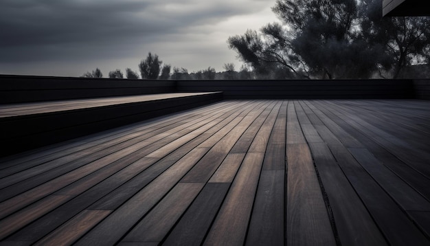 Dark hardwood plank flooring blends with nature abstract landscape backdrop generated by AI