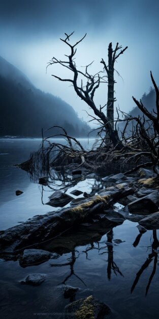 Photo dark and moody still life moonlit dead tree in norwegian lake