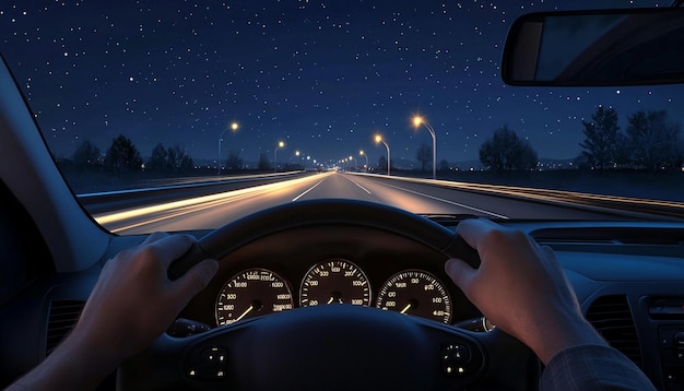 Photo dashboard view of a car at night light