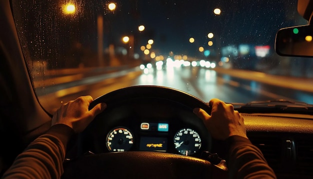 Photo dashboard view of a car at night light