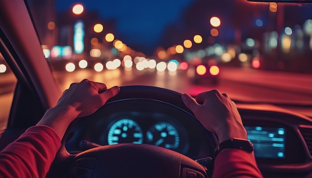 Photo dashboard view of a car at night light