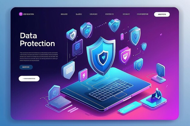 Photo data protection landing page internet security web design vector template